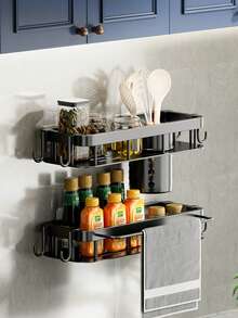1pc Black No-Drill Bathroom Hollow Storage Rack With Hooks And Pen Holder, Wall-Mounted Drainage Shower Caddy For Back To School Season - Multicolor - View 10