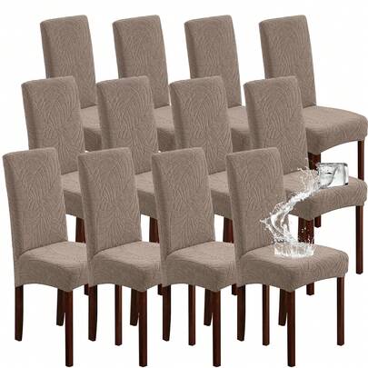 12 Set Of Waterproof Chair Covers For Dining Room Stretch Chair Covers Solid Color Chair Covers, Jacquard Leaves Dining Room Chair Covers Washable Chair Covers Protector For Restaurant (Light Grey/Dark Grey/Blue/Beige/Taupe)
