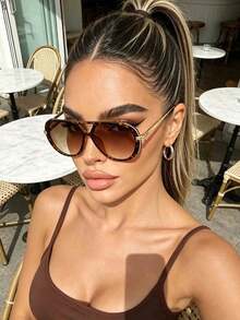 1pc Double-Bridge Metal Frame Fashion Glasses For Women, Tortoiseshell Color, Versatile Accessory For All Seasons, Suitable For Daily Wear And Beach Vacation - Gradient Brown - View 3