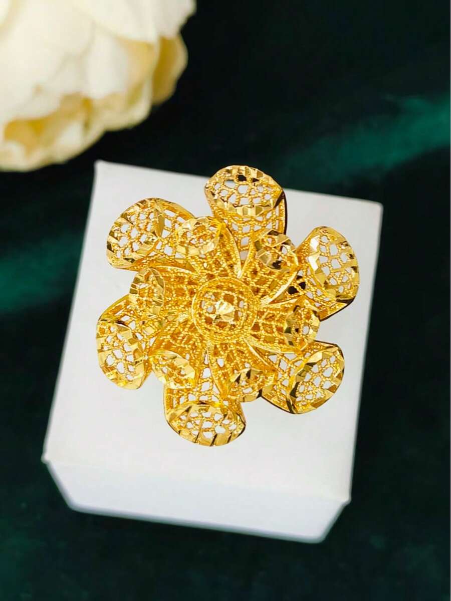 1枚时尚女士铜镀金花朵戒指,适合欧洲、美国、沙特阿拉伯、中东、迪拜、非洲新娘佩戴,适用于婚礼宴会、母亲节、情人节、生日、婚礼季、日常佩戴。 - 金黃色 - 查看 1