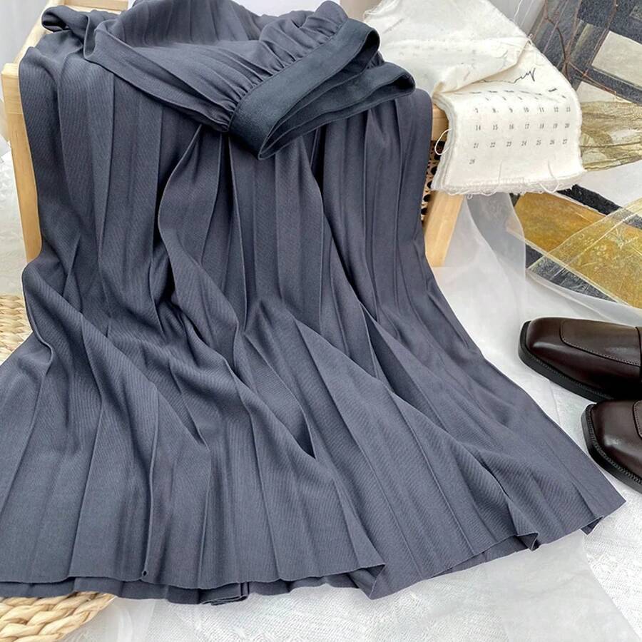 Falda Plisada Elegante de Cintura Alta para Mujer 2026, Falda Midi Larga, Negra, de Alta Calidad - Gris - Ver 1