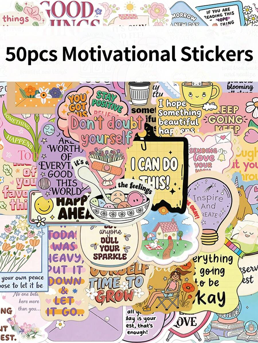 50pcs Motivational Stickers Creative Cartoon Stickers DIY Guitar Luggage Refrigerator Water Cup Planner Supplies Decorative Laptop Personalization Stickers - Multicolor - View 1
