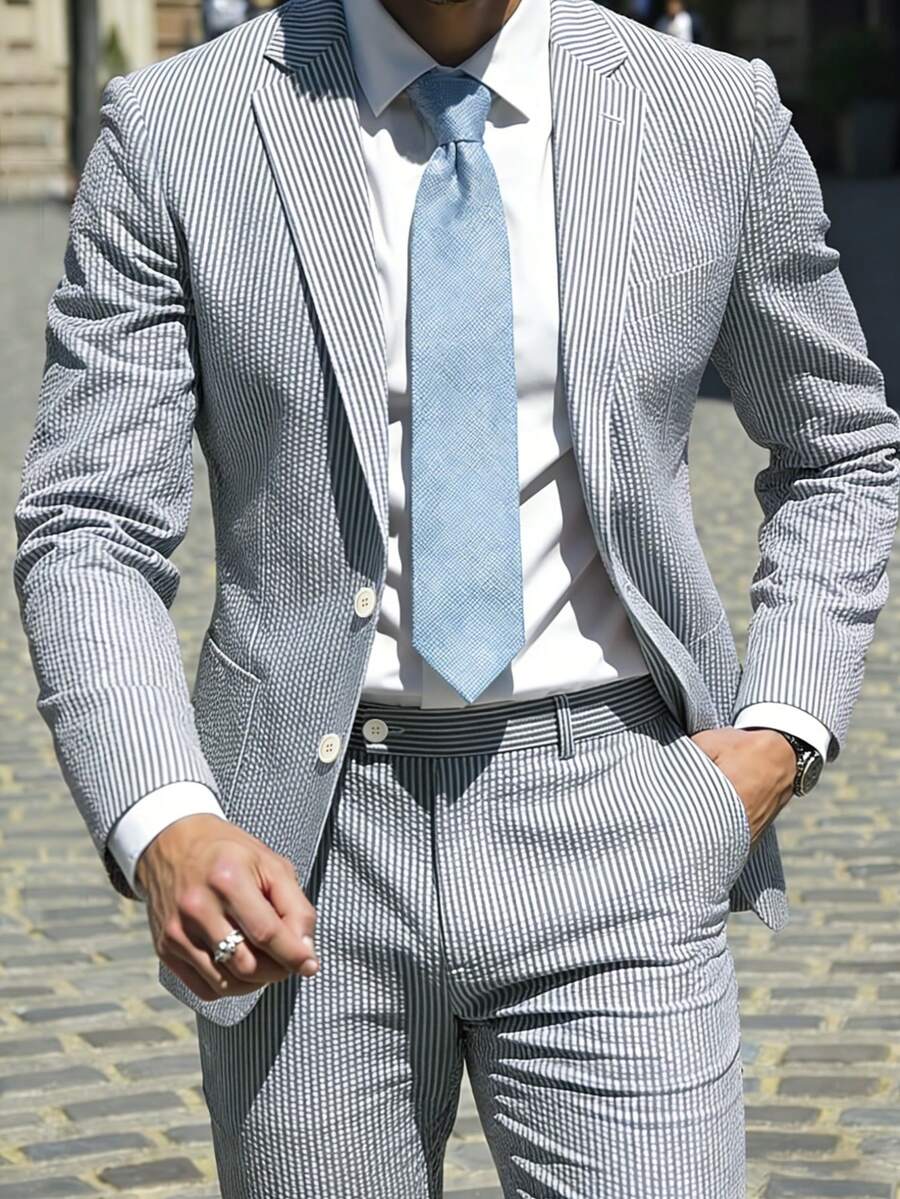 Men's Two-Piece Suit, Seersucker Fabric, Elegant Suit Jacket, Matching Trousers, Casual Business Wedding Suit, Men's Formal Suit, Wedding, Business Caformal Event Attire, Elegant Men's Wear, Exquisite Appearance, High-Quality Seersucker Material - 藍色 - 查看 1