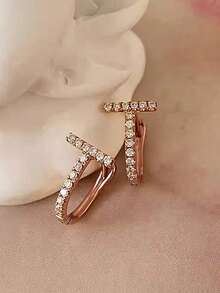 1 Đôi bông tai hình chữ T tối giản, tự nhiên, đa năng, đính đá Cubic Zirconia tổng hợp, thích hợp đeo hàng ngày, dự tiệc, làm quà tặng, trang sức. - Hoa hồng vàng - Xem 6