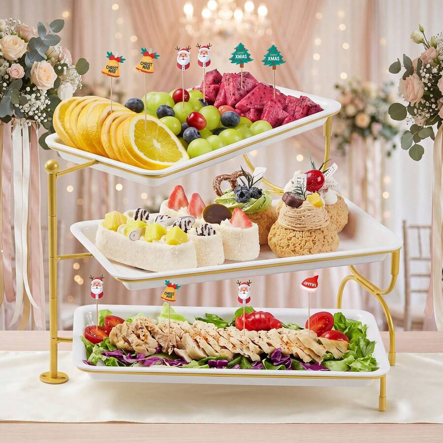Bandeja giratoria de 3 niveles de gran tamaño, soporte de metal plegable y giratorio con bandejas de plástico blanco de múltiples capas, adecuado para exhibición de frutas y postres, exhibición de bodas y fiestas de cumpleaños