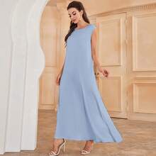 Vestido casual de corte recto sin mangas de cuello redondo de unicolor con perlas - azul claro - Ver 3