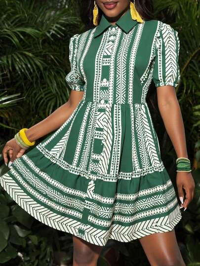 1 pièce Robe à manches courtes à boutons avec imprimé tout-sur-tout en tissu tissé, style bohème décontracté. Tenue d'été, de vacances et quotidienne pour femmes