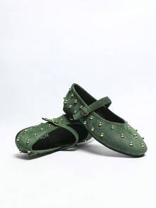 女士手工编织玛丽珍鞋，芭蕾舞鞋，透气编织纹理，舒适平底，女士套脚鞋，软底学生鞋，工作鞋 - 綠色 - 查看 4
