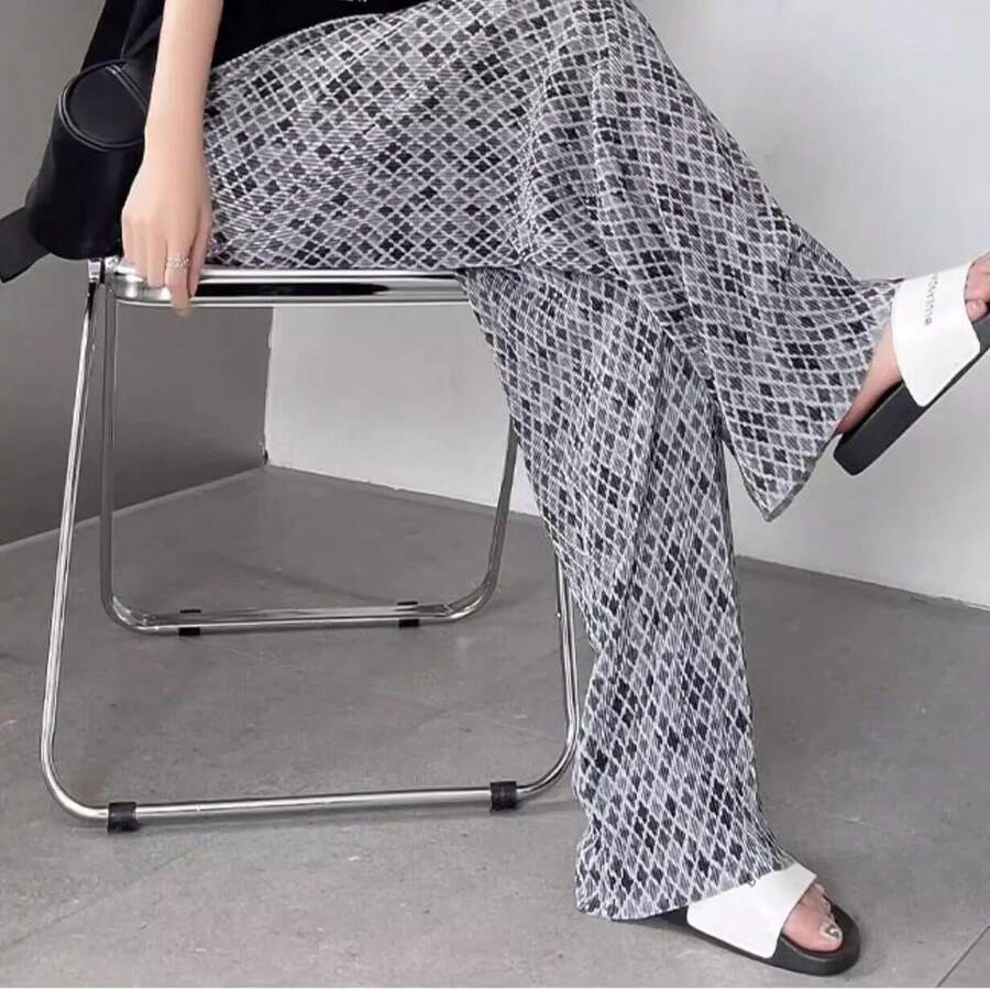 Pantalones de verano finos de seda helada de cintura alta y pierna ancha para mujer, estilo coreano teñido, elegantes y casua... - Negro [pantalones arrugados] sin bolsillos - Ver 1