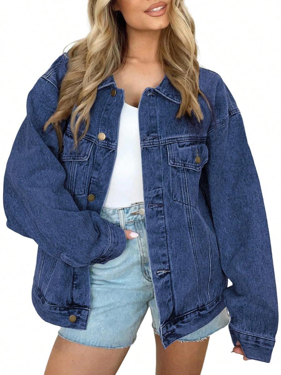 Women's Oversized Denim Jacket Long Sleeve Button Front Casual Loose Fit Autumn Coat - Blue - View 1
