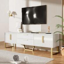 High-Gloss TV Unit: Gold Base, Handles And Legs, Engraved Textured Door, Living Room Storage Solution, Perfect Combination Of Elegance, Luxury And Functionality. - 白色 - 查看 3