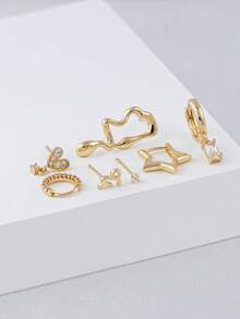 7件套星座耳环套装，女士款，镀金锆石耳骨钉，耳骨钉，耳廓钉，星形星座和抽象心形水滴耳钉，适合日常佩戴 - 金黃色 - 查看 3
