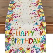 1 pieza Camino de mesa con tema de cumpleaños, 2 opciones de diseño: Caja de regalo colorida y estampado de "Feliz cumpleaños", o fondo beige con lunares multicolor y estampado de cinta, hecho de 100% poliéster, disponible en varios tamaños, lavable a máquina, resistente al calor, resistente a las manchas, impermeable, fácil de limpiar - Multicolor - Ver 3