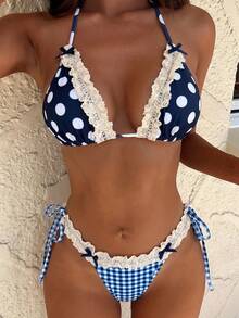 New Soft Polka Dot Lace Ruffle Bow Decor Halter Tie Sexy Party Bikini Set, Elegant Women Summer Beach Fashion Swimwear Vacation - Navy Blue - View 1