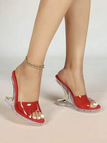 European And American Car Model Sexy Transparent Crystal Wedge Breathable New Sandals - Red - View 3