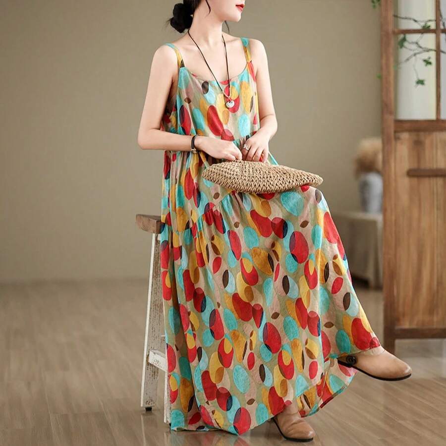 Vestido largo holgado de algodón y lino, cintura alta, fino y cómodo, talla grande, vestido estampado con tirantes para mujer... - 91713 color de la imagen - Ver 1