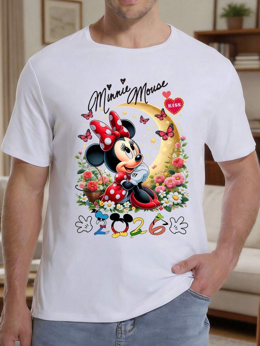 Disney 1件男士宽松可爱米妮卡通印花短袖T恤，圆领，弹力面料，适合日常穿着，易打理，时尚休闲男士T恤，短袖T恤 - 白色 - 查看 1