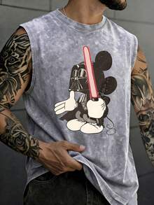 Disney 230g High-Quality Washed Cotton Crew Neck Tank Top, Retro Mickey Print, Loose Fit, Cool & Stylish Streetwear. - 灰色 - 查看 1