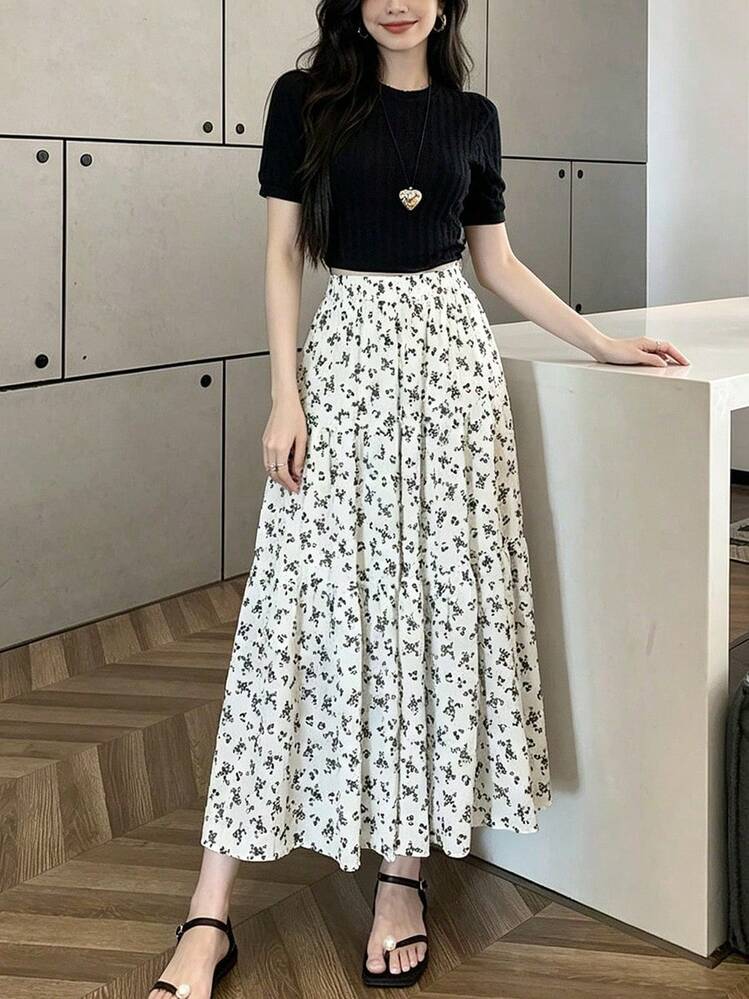 Women's Floral Print Midi Skirt, New Summer Style, High Waist, Versatile, Casual, Ideal For Everyday Wear And Holidays - White - View 1