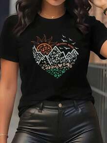 Blusas para mujer. Camiseta deportiva de manga corta para mujer, con estampado de corazones, sol y aves, temática de aventura. Lavable a máquina, cómoda, con cuello redondo, elasticidad media, adecuada para todas las estaciones. Opciones multicolor. Ideal para reuniones familiares. Adecuada para primavera, verano y otoño. - Negro - Ver 1