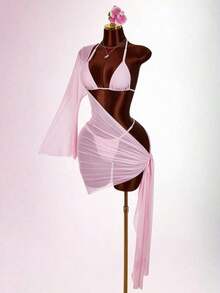 Women's 3 PiecesBeaded Swimsuit Set Including Sexy Halter Mesh Coverup, Suitable For Holiday Wear With Tie Details - Rosa - Visa 2