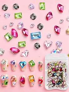 50pcs Glass Geometric Pattern Nail Art Decorations, Multi-Size, Gold-Plated Rhinestones, Synthetic Crystal Geometric Diamonds, Random Color Mix, Nail Art DIY Supplies, Nail Jewelry - Multicolor - View 3