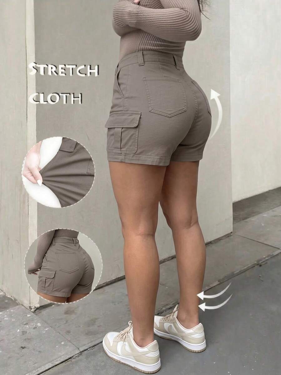 Casual Cargo Daily Women's Grey High Waist Cargo Shorts, Casual Solid Color Utility Mini Bottoms, Streetwear & Everyday Outfits - 淺灰色 - 查看 1