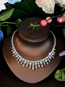 1 Set de joyería con flecos de tono plateado y circonita cúbica, accesorios brillantes para fiestas festivas y noches de chicas - Plateado - Ver 6