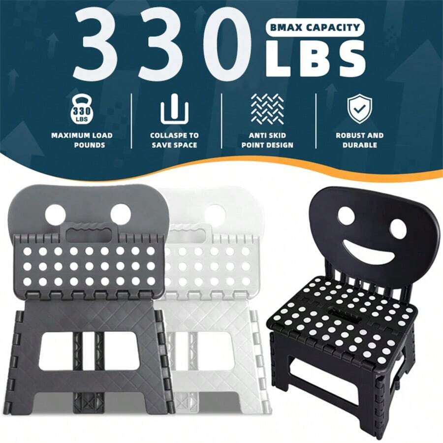 2-In-1 Foldable Step Stool With Backrest, Sturdy Plastic Non-Slip Surface, Foldable Design With Handle, Suitable For Kitchen, Bathroom, Bedroom, For Adult Use (Black, White, Grey) - Multicolor - View 1