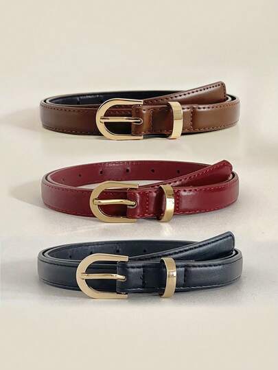 3pcs/Set Summer Red, Brown, Black Casual Party Cute Street Elegant Luxury Minimalist Versatile Women's Thin Waist Belt, Suitable For Dresses, Skirts, Jeans, Trousers, Daily, Vacation, Work, Date, Holiday