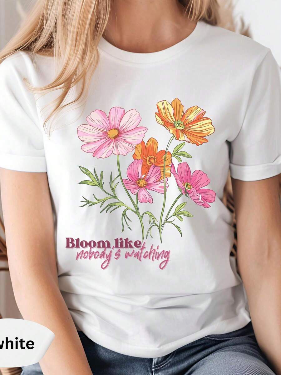 Floral Print T-Shirt With A Simple And Versatile Design, Cute Top For Girls, Fashionable Women's T-Shirt, Women's Shirt, Mother's Day Gift, Gift For Her, Slogan T-Shirt For Women, Elastic Top For Men, Casual Wear, Breathable And Versatile, Unisex Casual Style, Soft Cotton T-Shirt With Fashionable Micro-Print. - 白色 - 查看 1