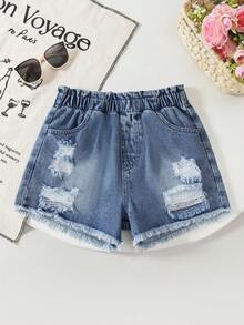 1 pieza Shorts vaqueros casuales con cintura elástica y dobladillo deshilachado para niñas, estilo callejero, primavera/verano - Azul lavado medio - Ver 1