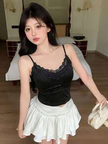 性感V領蕾絲女款吊帶背心，春夏款，加墊，鏤空，修身，內搭，露背上衣，休閒黑色 - 黑色 - 查看 4