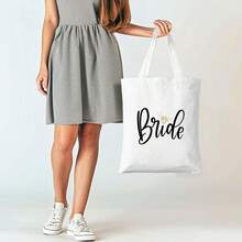 Canvas Tote Bag For Bride, Elegant Print, Reusable Shoulder Bag, Gift For The Bride-To-Be, Wedding Accessory - White - View 3