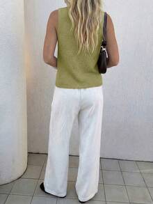 Women's V-Neck Knit Vest, Solid Color Loose Casual Outerwear, Sleeveless Single-Breasted Design, Multi-Functional Summer Fashion Top - Green - View 3