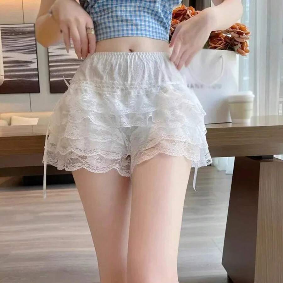 Pantalones cortos de  Lolita con encaje Floral para mujer, enagua, ropa interior, moda para niñas, pantalones cortos sueltos de princesa, Verano - BLANCO - Ver 1
