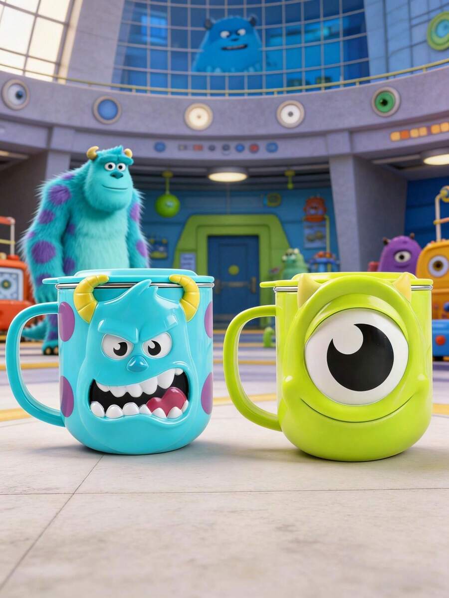Disney 1个260毫升迪士尼3D卡通麦克和苏利文造型水瓶,可拆卸不锈钢内胆,冷热两用,带提手设计,防烫,适合学校、办公室、家庭、户外使用,可重复使用,是生日、开学、婚礼、节日的理想礼物 - 查看 1