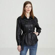 Women's Faux Leather Shirt Jacket Belted Slim Fit Button Down Mid Length Casual Retro Coat - Black - View 1