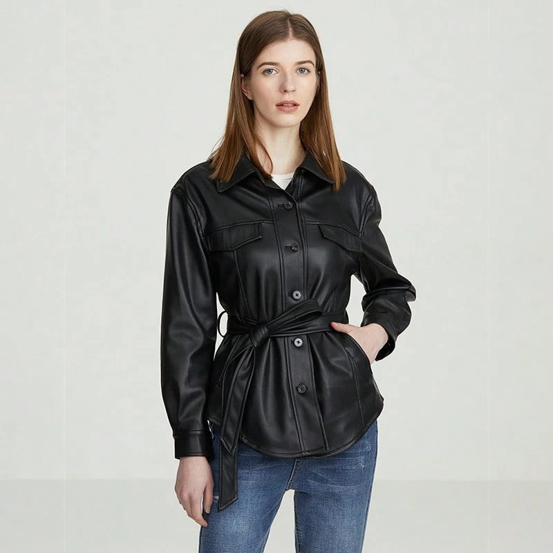 Women's Faux Leather Shirt Jacket Belted Slim Fit Button Down Mid Length Casual Retro Coat - Black - View 1