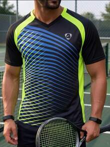 1pc Black Slim Fit Men's Short Sleeve Sports T-Shirt For Tennis, Badminton, Golf, Bowling, Running, Training #230 - Black - View 1