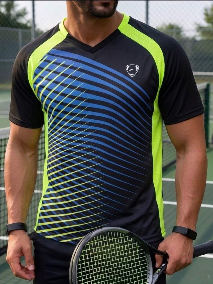 1pc Black Slim Fit Men's Short Sleeve Sports T-Shirt For Tennis, Badminton, Golf, Bowling, Running, Training #230 - Black - View 1
