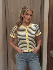 Plus Size Women's Summer Striped Patchwork Round Neck Metal Button Short Sleeve Knit Top, Paired With Cute Vintage Ruffle Decor, Suitable For Daily Dates And Photo Shoots. Striped Knit Top, Yellow Striped Knit Sweater, Summer Outfit, Multi-Color Striped Knit - Multicolor - View 7