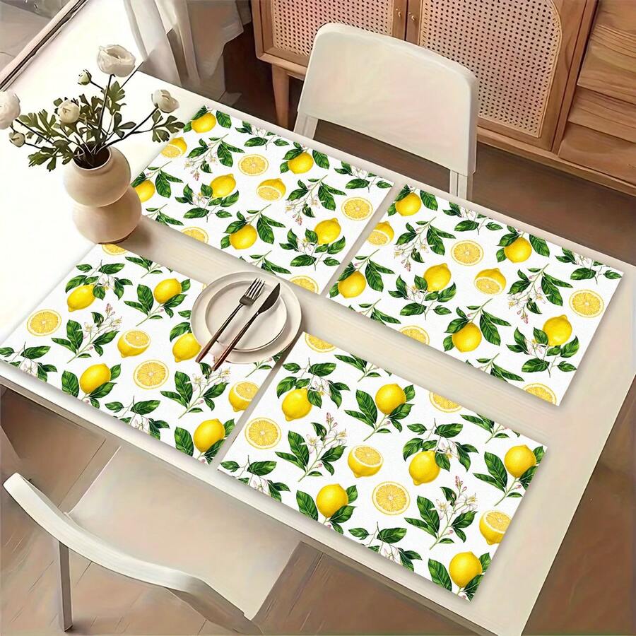1pc Lemon Pattern Linen Placemat, Breakfast Mat, Coffee Coaster, Bowl Pad, Kitchen Accessory, Easy To Clean Dining Mat, Suitable For Home, Restaurant, Dining Decor, Holiday Gift, Gift For Friends, Multi-Piece Set - Multicolor - View 1