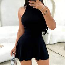 Vestido Mini Marrón sin Mangas para Mujer, Cuello Simulado, Vestido de Verano Acampanado Elástico de Punto Acanalado, Estilo Casual para Fiesta y Vacaciones - CAFETERÍA - Ver 2