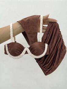 3pcs Elegant Brown Bikini Set For Women, Featuring Braided Tie-Back Straps And Ruched High-Cut Skirt, Casual Swimsuit Style - Multicolor - View 1