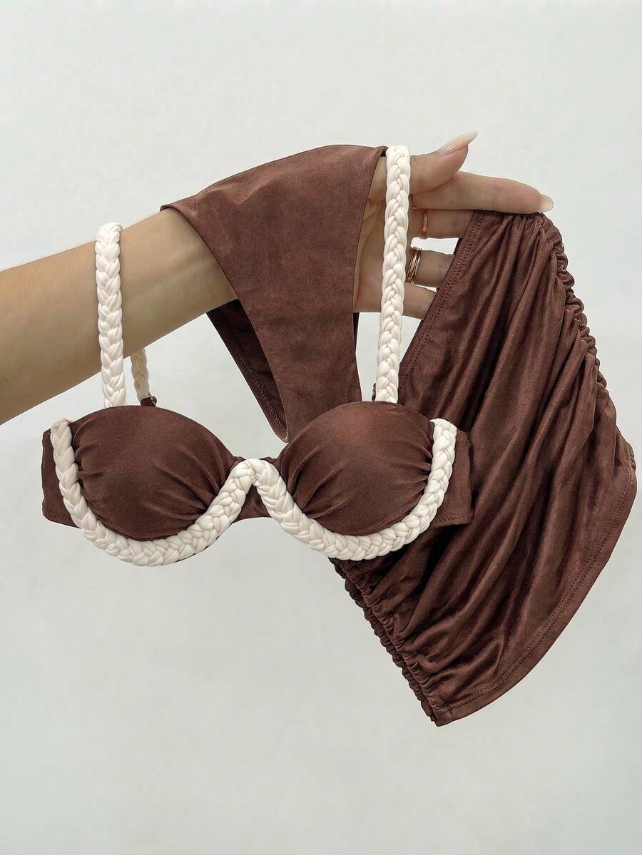 3pcs Elegant Brown Bikini Set For Women, Featuring Braided Tie-Back Straps And Ruched High-Cut Skirt, Casual Swimsuit Style - Multicolor - View 1