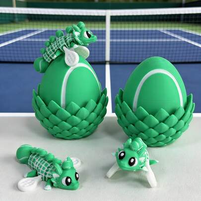 3D Printed Cute & Adorable Green Tennis Dragon + Dragon Egg Figurine Set, Plastic Desktop Decor Sculpture, Holiday Gift