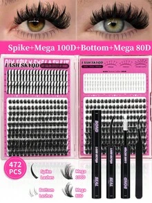 LASH SKYQD 512pcs/480pcs/472pcs/276pcs D Curl Lash Clusters Kit, Bottom/Spike/Mega/Cat/Brown Lashes Volume Wispy False Eyelash DIY Individual Clusters Lash Kit, Kit With Bond&Seal Tweezers, DIY At Home Easily - 黑色 - 查看 10