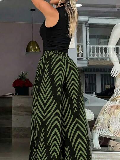 Women's Casual Vacation Style Ribbed Knit Mock Neck Top (Wavy Pattern) Paired With Wide Leg Woven Pants 2 Pieces Set