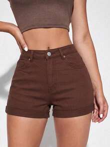 Shorts vaqueros casuales con bolsillos y puños para mujer - Marrón - Ver 1